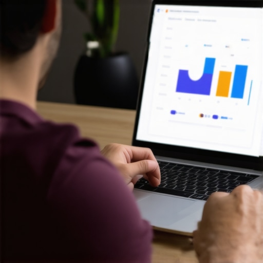 Business owner analyzing Google My Business profile on laptop with analytics charts.