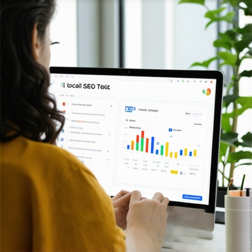 Analyzing Local SEO Data and Community Engagement Person reviewing local SEO analytics on a laptop with community icons