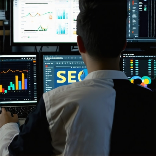 Digital marketer reviewing local SEO analytics on screens.