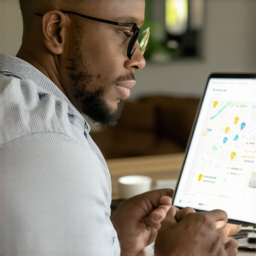 Business owner working on GMB profile with laptop and maps
