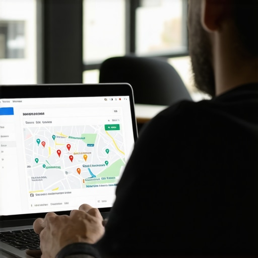 Business owner optimizing GMB profile on laptop for better local map rankings.