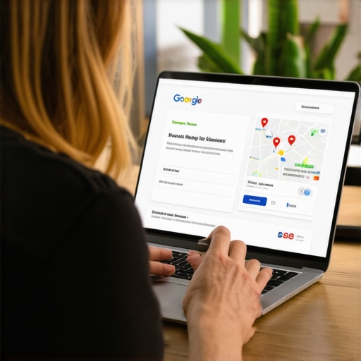 Business owner optimizing Google My Business profile on laptop with local map visuals.