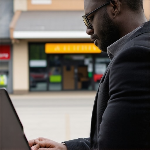 Business owner working on Google My Business profile on laptop with storefront in background