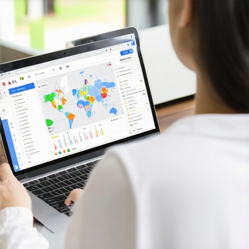 Person working on local SEO tools on a laptop with maps and analytics charts
