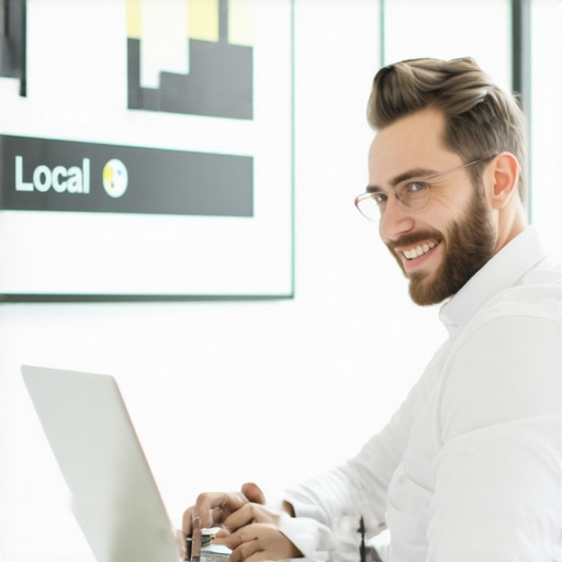 Person analyzing local search data on laptop with business storefront in background.