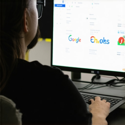 Business owner optimizing Google My Business profile on a laptop with SEO insights in the background.