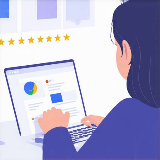 Person working on optimizing a Google My Business profile on a laptop, with icons for reviews and keywords.