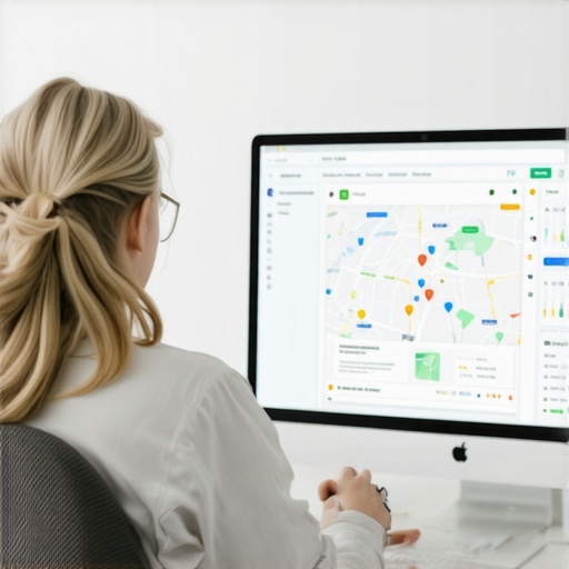 A person working on Google My Business optimization on a laptop, analyzing local map rankings.