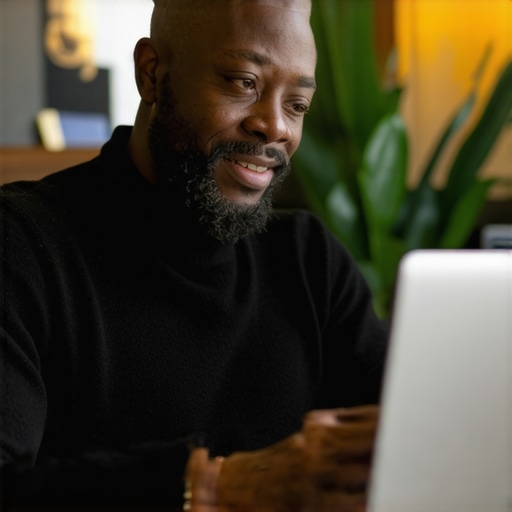 Business owner working on GMB profile on laptop in workspace.