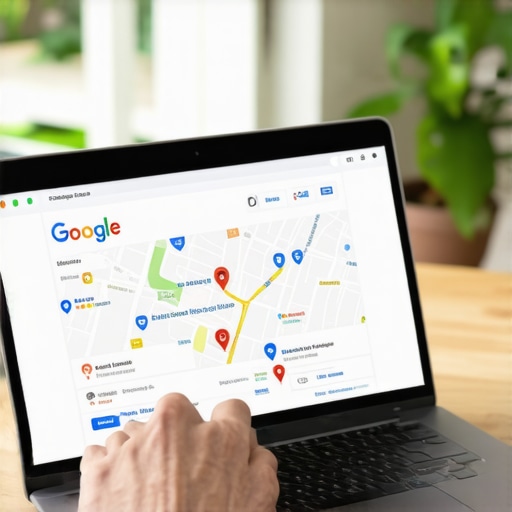 Optimizing Google Business Profile Business owner editing Google My Business profile on a laptop with local map view