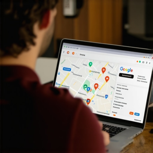 Business owner analyzing Google My Business profile on laptop for map visibility