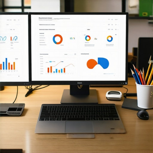 A workspace with multiple screens displaying SEO data, charts, and Google My Business analytics