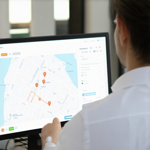 Business owner analyzing local map analytics on a digital screen.