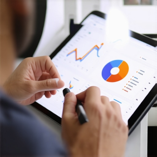 Analyzing Local SEO Data for Consistency Person reviewing local SEO metrics on tablet device to maintain Google My Business visibility.