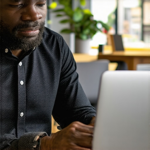 Business owner updating Google profile on laptop