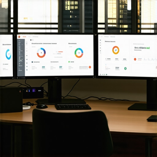 A workspace with screens showing SEO tools used for maintaining local map rankings.