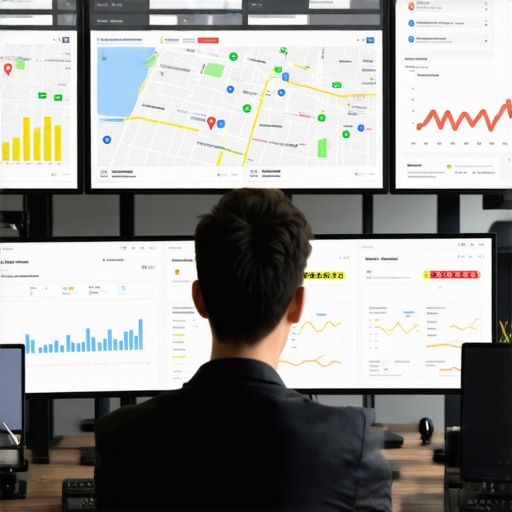 Monitoring Local SEO Performance with Advanced Tools A professional monitoring local SEO metrics on multiple digital screens, focusing on Google Maps and analytics.
