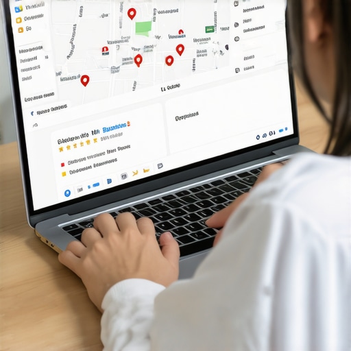 Person analyzing local map and review data on laptop for GMB performance