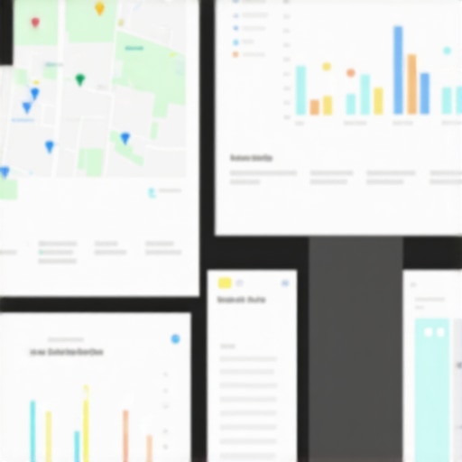 A workspace with multiple screens showing local SEO charts and maps for Google Maps optimization.