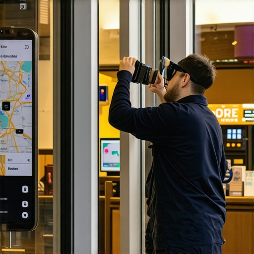 Technician setting up AR markers on storefront to enhance local map visibility