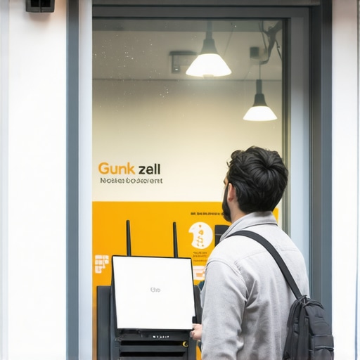 Person configuring a dual-band Wi-Fi router at a storefront to enhance local profile verification.