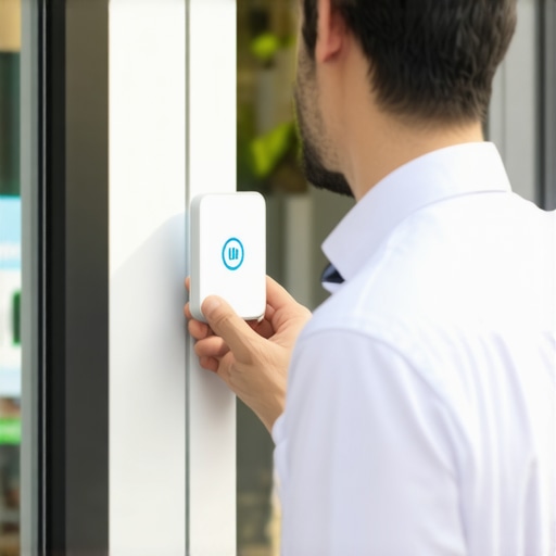 Business owner installing Bluetooth beacon near store entrance to enhance proximity signals