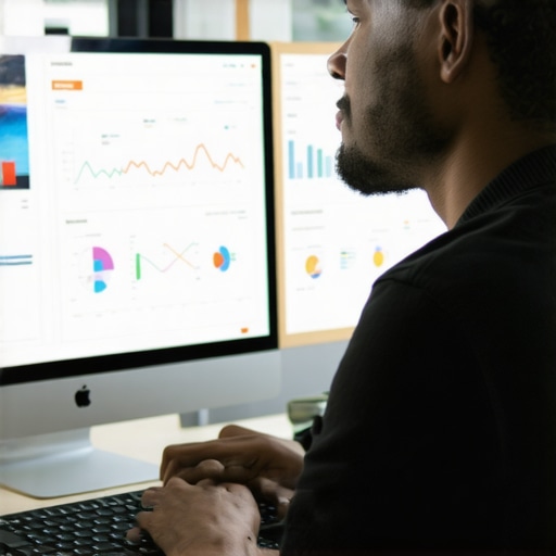 Using Analytics to Maintain Map Visibility A person analyzing local search performance data on a computer monitor with charts and maps
