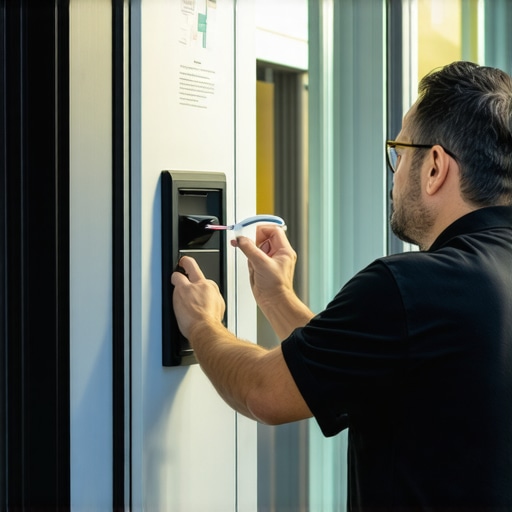 Technician installing biometric and hardware signals on storefront for Google Maps verification.