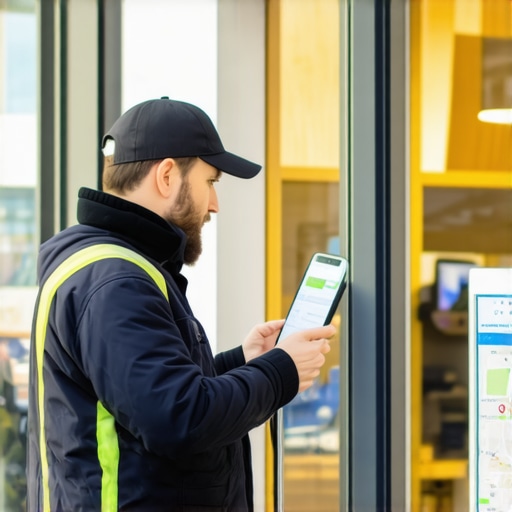 Technician calibrating sensors and beacons at a storefront for local map visibility