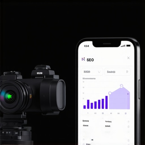Smartphone capturing high-quality business photos alongside Bluetooth beacons and SEO software interfaces.